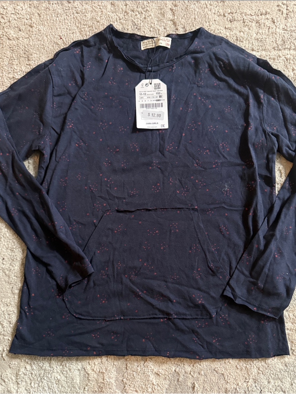 Zara Navy Long Sleeve Crewneck Shirt with Pink Flecks